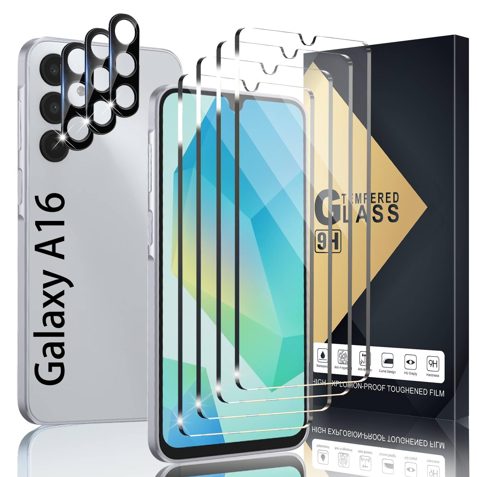 Photo 1 of 4+3 Pack Screen Protector Compatible with Galaxy A16, 4 Tempered Glass with 3 Camera Lens Protectors, High Clarity, Anti-Shatter, Bubble Free, Scratch Resistant