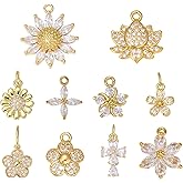 COGCHARGER 10Pcs Gold Flower Charms for Jewelry Making Floral Crystal Charms Brass Cubic Zirconia Pendant for Earring Bracelet Necklace DIY Accessories