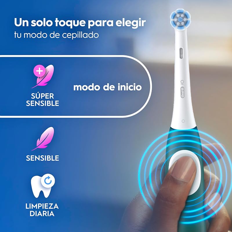 Oral-B iO 2 Forest Green escova de dentes elétrica, 1 cabeça, 1 estojo de viagem, 1 suporte de recarga, 3 modos de escovagem, sensor de pressão e temporizador, desenhado por Braun