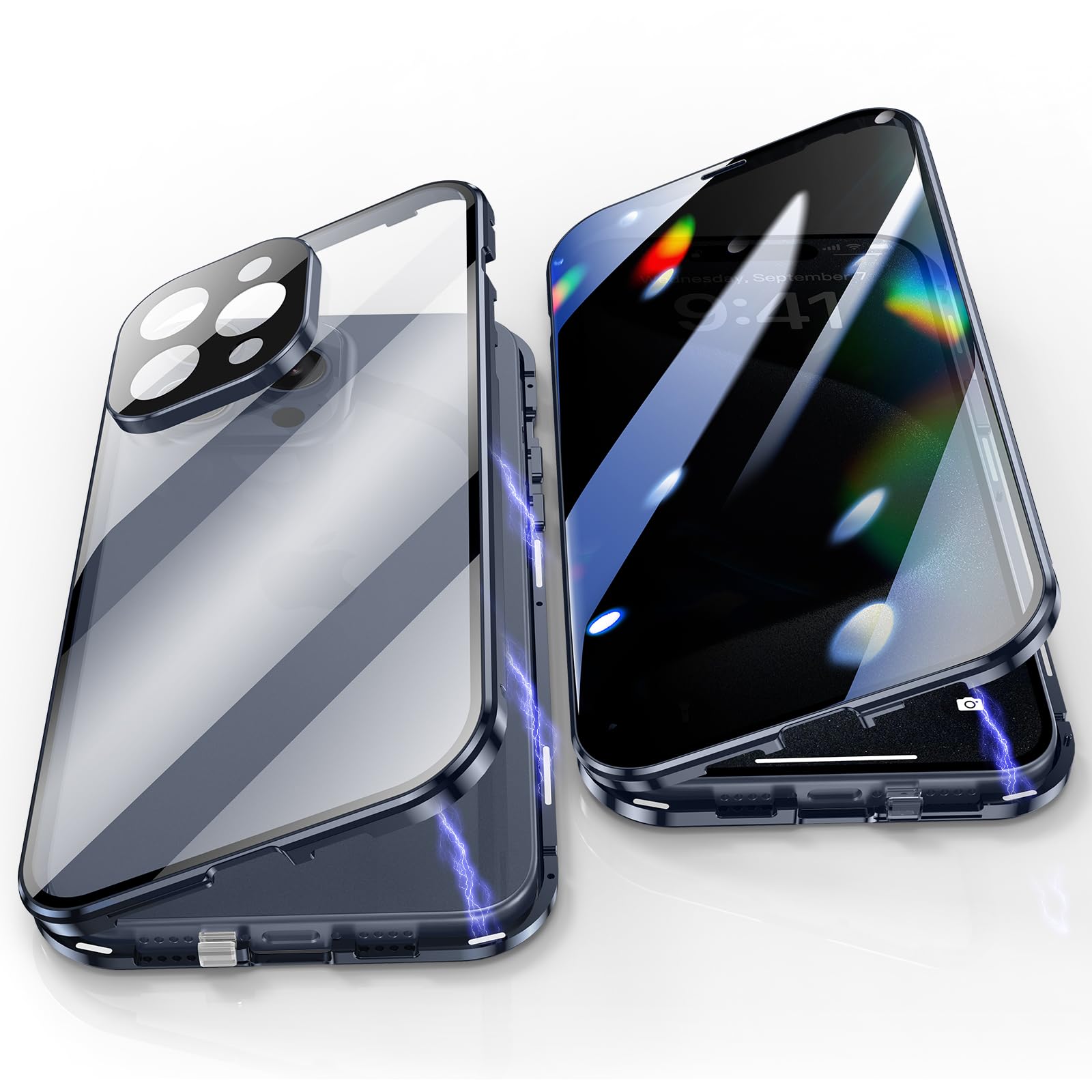 Jonwelsy Anti Peeping Case for iPhone 15 Pro (6.1"), 360 Degree Front and Back Privacy Tempered Glass Cover, Magnetic Adsorption Metal Bumper (Blue) — image 1