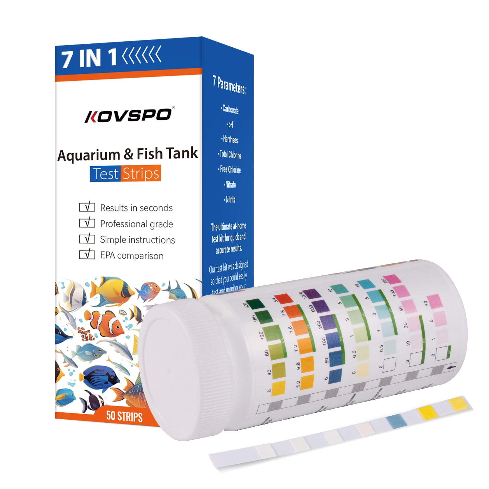 Photo 1 of 7 in 1 Aquarium Test Strips, 50 Strips Fish Tank Water Quality Test Freshwater Saltwater Test Kit for Test pH, Carbonate, Alkalinity, Hardness, Chlorine, Nitrite, Nitrate Aquarium Water Testing