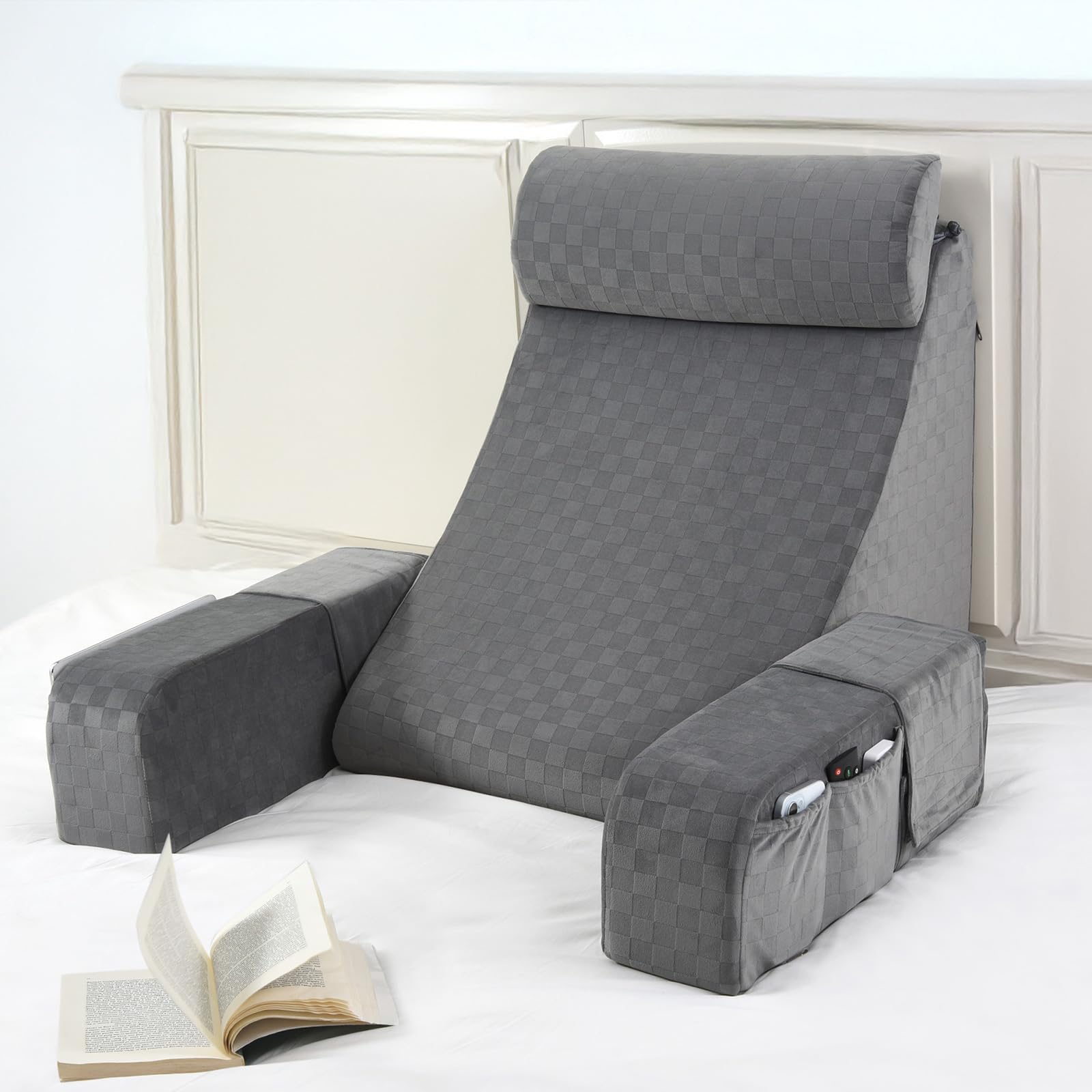 Photo 1 of Vekkia Reading Pillow for Sitting in Bed Adult,Back Pillow for Sitting Up,Backrest Support Pillow with Arm Rest,Bed Chair Pillow with Big Pockets for Gaming,Watching TV in Floor,21n(Grey)