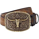 JIMJOY Men's Western Leather Belt Cowboy Belts for Men Big Engraved Buckle Belts