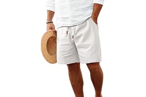 HOTake Men's Linen Shorts Casual Drawstring Elastic Waist Summer Beach Vacation Shorts