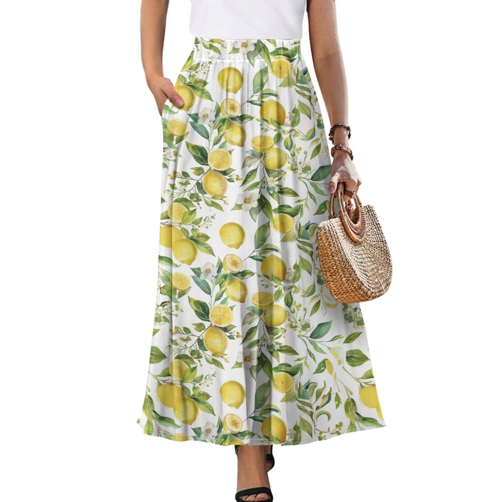 Photo 1 of Yewattles Lemon Women's High Waist Skirt Pleated A-Line Flowy Long Maxi Ankle Skirts with Double Pockets Soft Party Dress for Holiday Trip