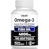 Fish Oil Omega 3 (4000mg), 180 Softgels,Omega 3 Fatty Acid Supplements with EPA & DHA for Brain & Heart Health*