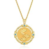 Fettero Gold Necklace for Women Birth Flower Necklace with Birthstone 14K Gold Plated Dainty Rotating Coin Pendant Necklace Personalized Birth Month Jewelry for Birthday Mother's Day Gift 12 Month