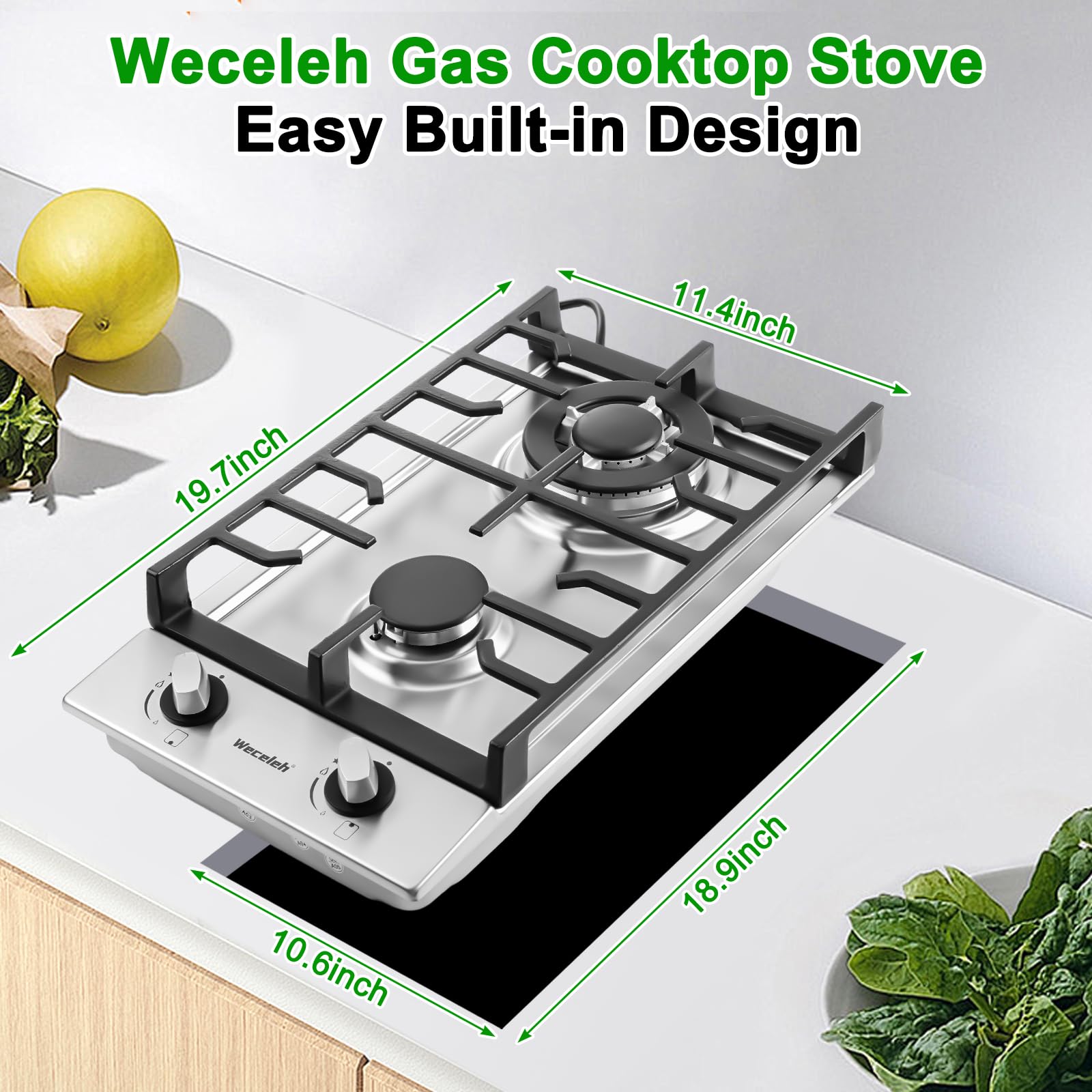 Gas Cooktop 2 Burners Built-in Gas Stove Top,LPG/NG Dual Fuel Continuous Grates,Auto Ignition,Thermocouple Protection,Stainless Steel,Heavy Duty Cast Iron 120V (12 inch)