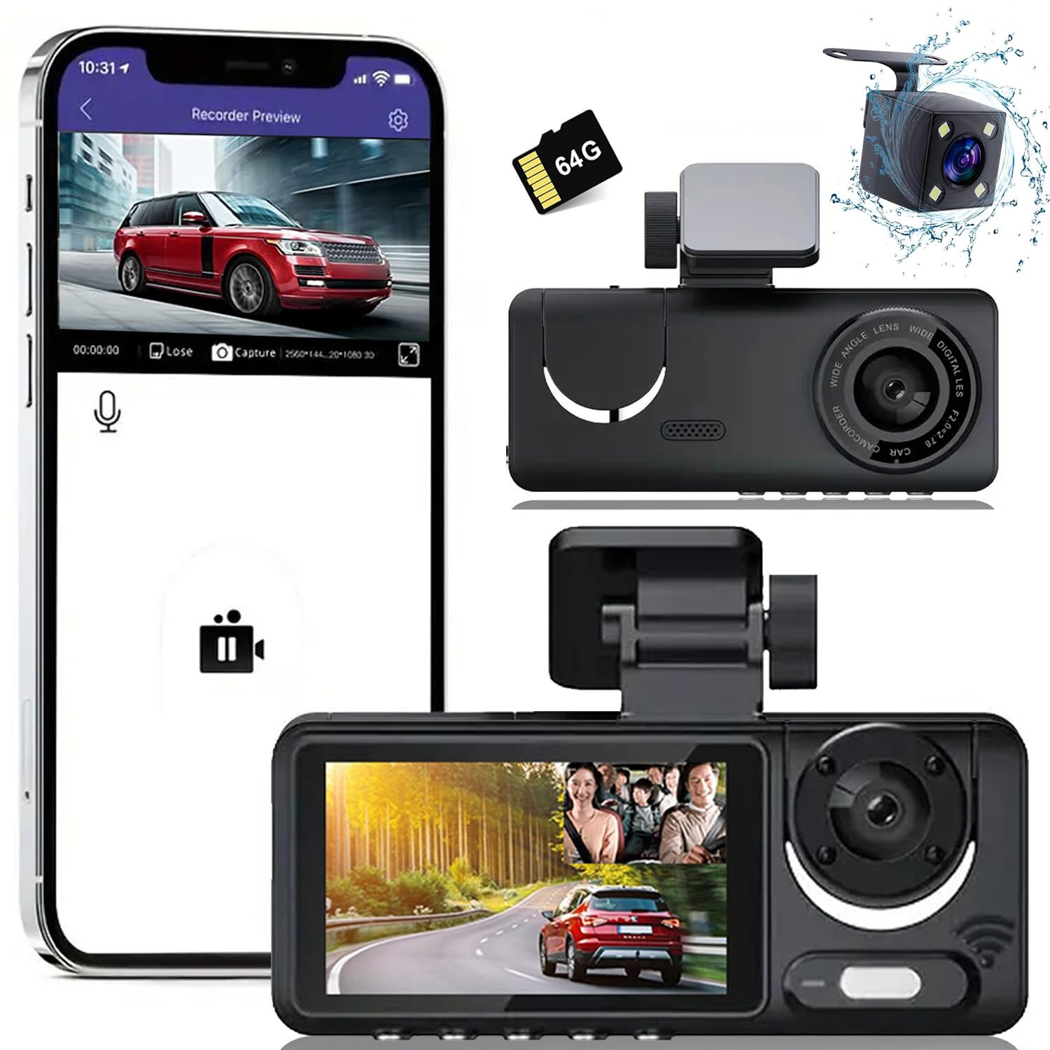 Photo 1 of 3 Channel Dash Cam,1080P Full UHD Front and Car CameraRear Inside,Car Camera 1080P Full HD 170 Deg Wide Angle Dashboard Camera with 64GB Card, 2-Inch Screen,G-Sensor,Loop Recording?Night Vision