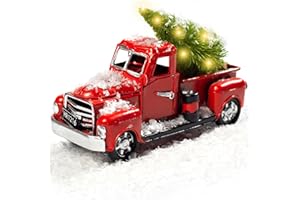 DomeStar Christmas Red Truck Decor, Vintage Red Metal Pickup Truck Car Model for Home Indoor, Mini Cute Christmas Tree with LED String Lights, Farmhouse Bathroom Kitchen Tabletop Centerpiece Decor