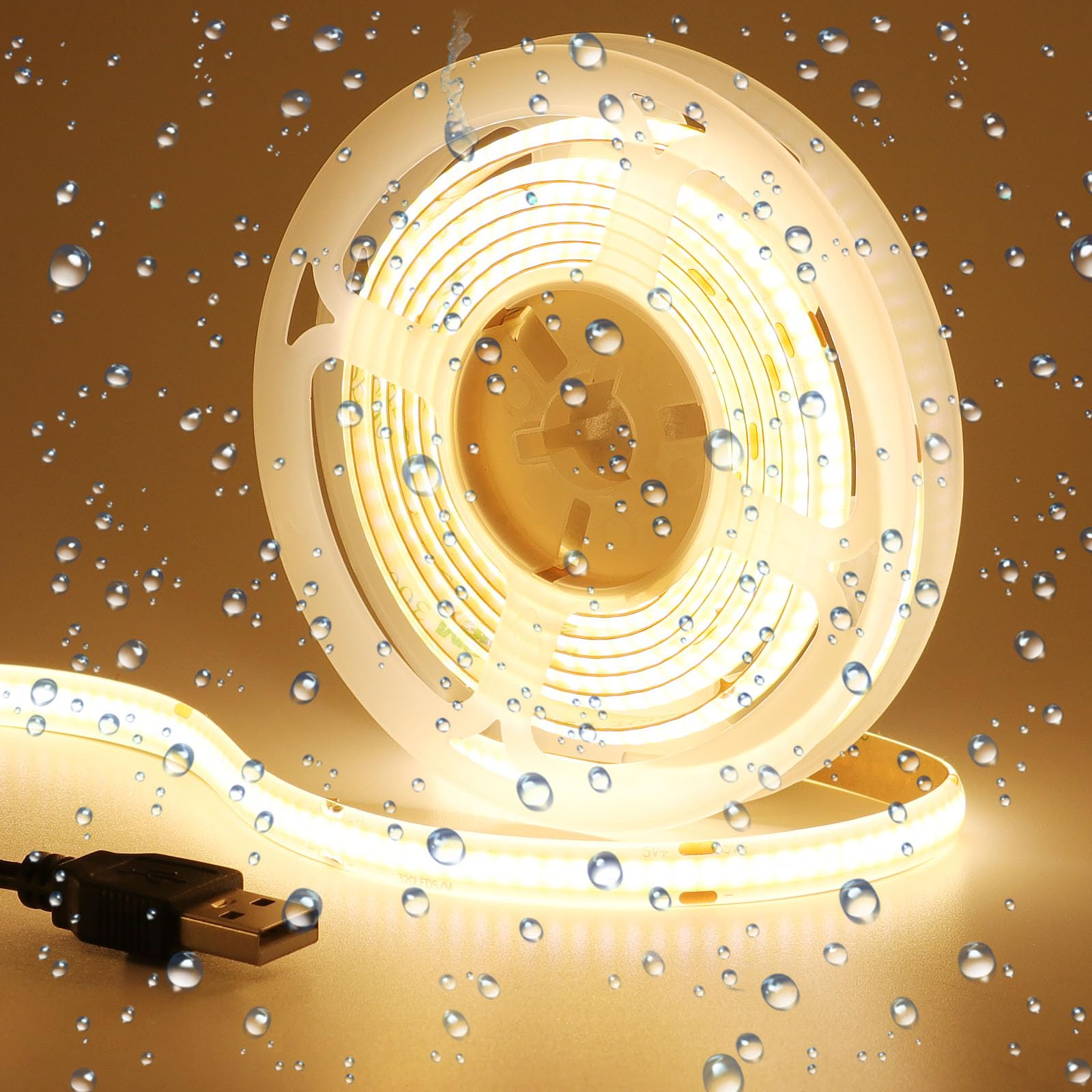 GOMING DC 5V USB COB LED Strip Light Warm White 3000K Dimmable IP65 Waterproof CRI 93+ USB Powered 6.6ft/2M 320LEDs/M Flexible LED Tape Lights for TV Backlight Cabinet Home DIY Lighting — image 1
