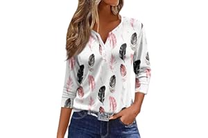 EKIYVO 3/4 Length Sleeve Womens Tops Casual Loose Fit Henley Neck T Shirts Cute Print Three Quarter Length Tunic Tops