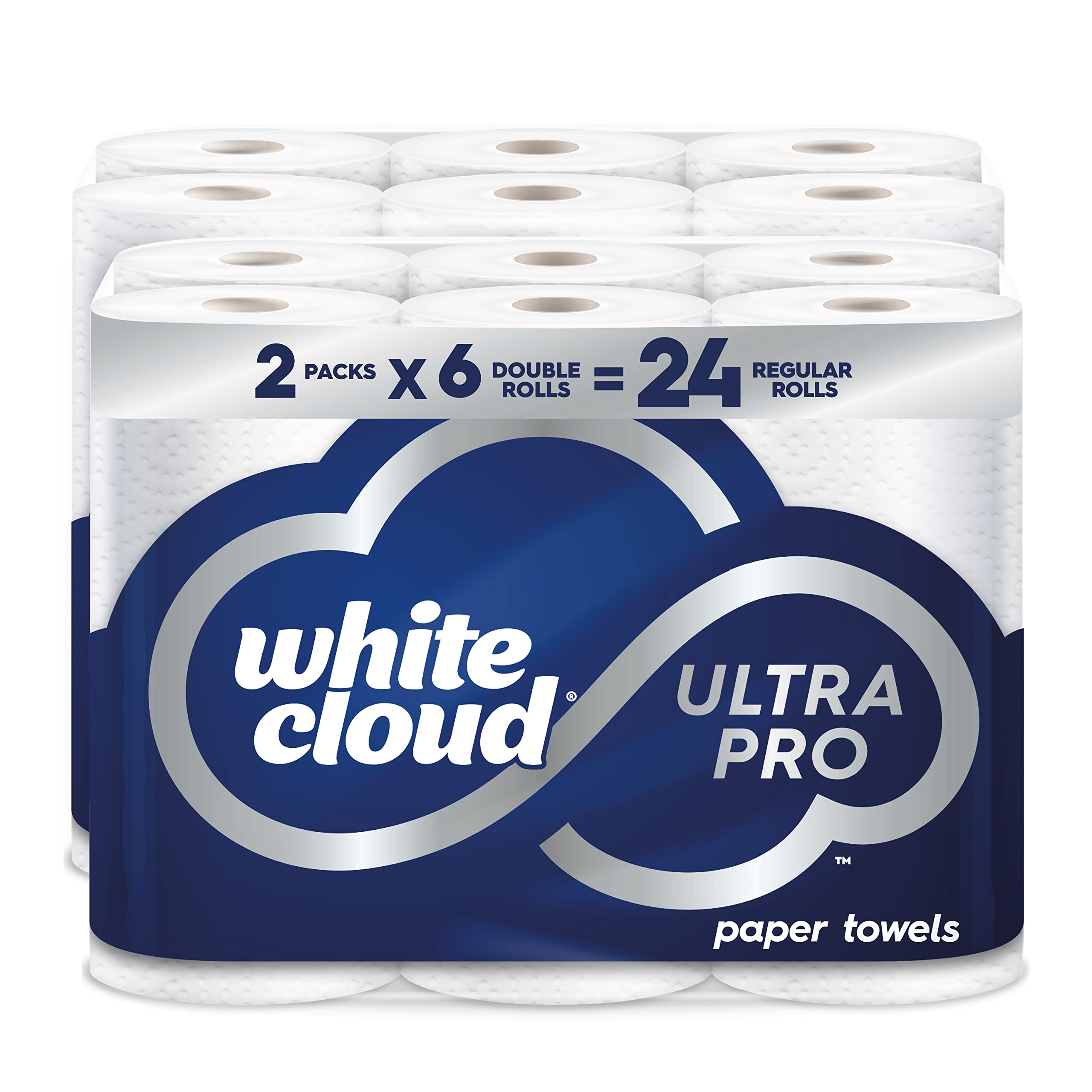 Photo 1 of White Cloud Ultra PRO Ultra Absorbent Paper Towel, Choose-a-Size Sheets, 2 Packs of 6 DOUBLE Rolls = 24 Regular Rolls