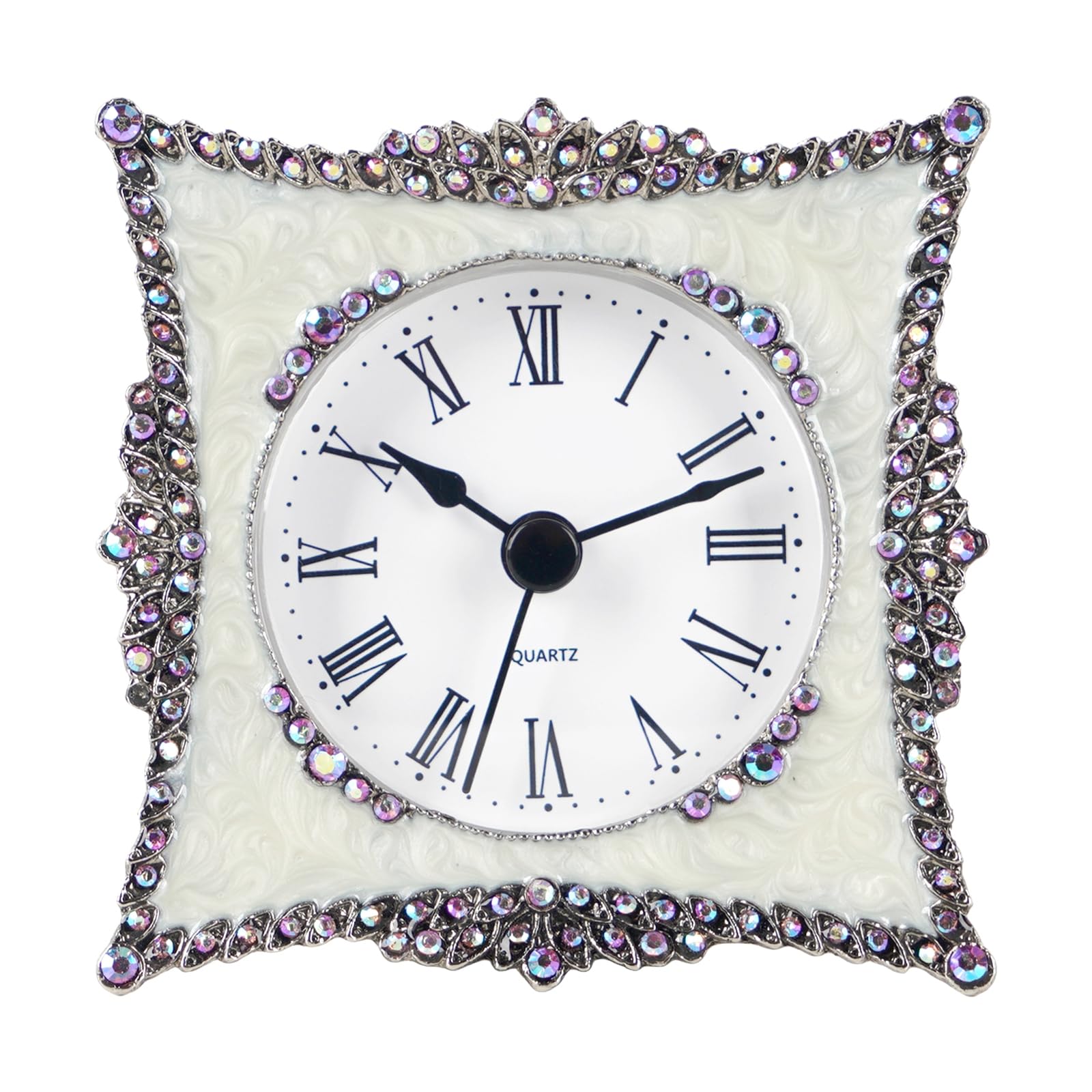NIKKY HOME Pewter Elegant and Cute Quartz Analog Table Clock with Crystal Rosy Rhinestone 8.8 CM White and Pink