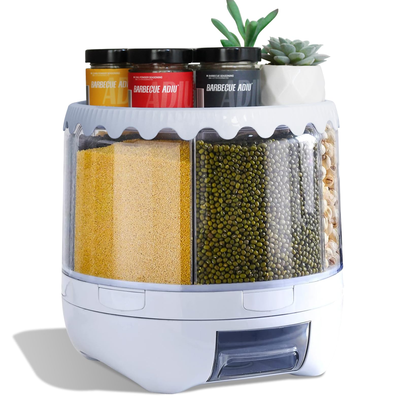 Photo 1 of Slow Slog Grain Dispenser, 360° Rotating Storage Container, 6 Grid Food Dispenser with Storage Sealed Lid, Rice Dispenser for Kitchen Grains, Beans, Rice