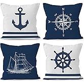 Liosei Coastal Nautical Decorative Throw Pillow Cover, Nautical Gifts, Navy Blue Boat Anchor Compass Ocean Pillow Covers for Home Beach House Room Bed Sofa Decor, 18x18 Inch Set of 4