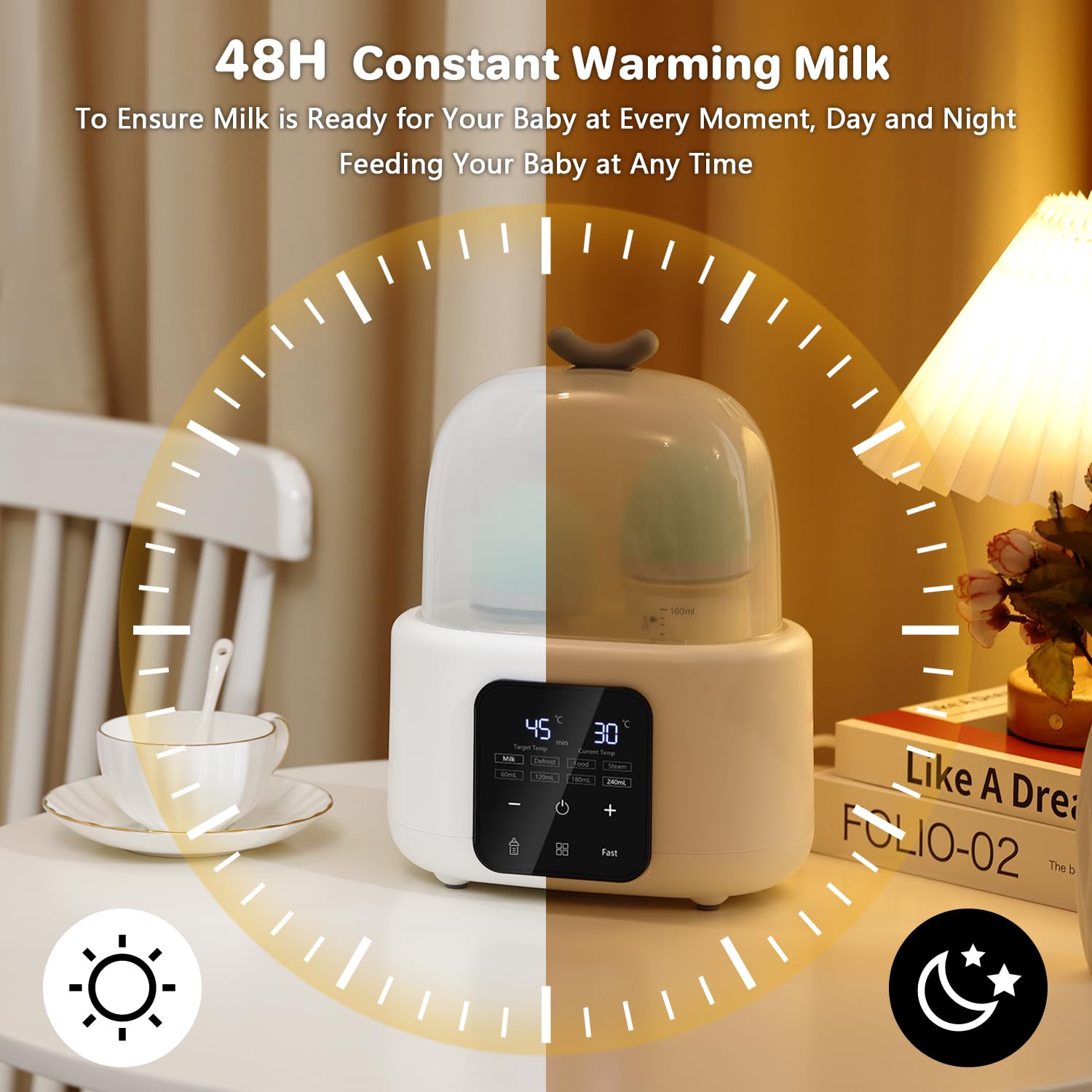 Double Bottle Warmer, 10-in-1 Fast Baby Bottle Warmer for Breastmilk and Formula, Fits 2 Bottles, Accurate Temp Control, Defrost, Sterili-zing, Heat Food, Milk Volume Choice, 48H Thermostat (White)