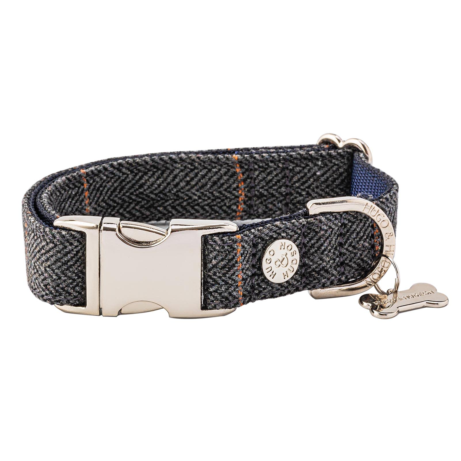 HUGO & HUDSON Tweed Dog Collar, Adjustable Quick Release Safety Buckle, Grey Checked Herringbone, XS — image 1