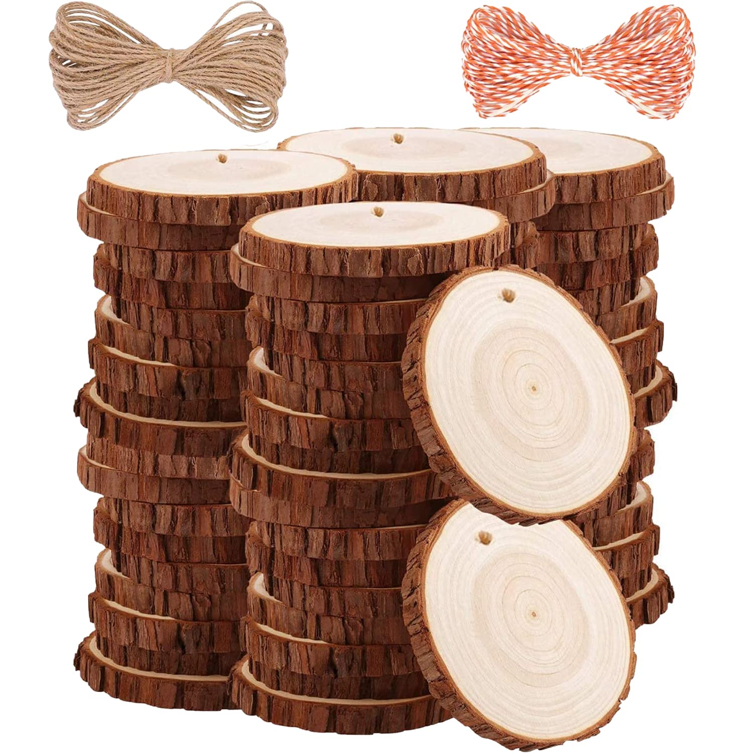 TICIOSH Wood Slices Natural Wood Slices Drilled Hole Unfinished Log Wooden Circles for DIY Crafts Wedding Decorations Christmas Ornaments… (50pcs 7-8cm)
