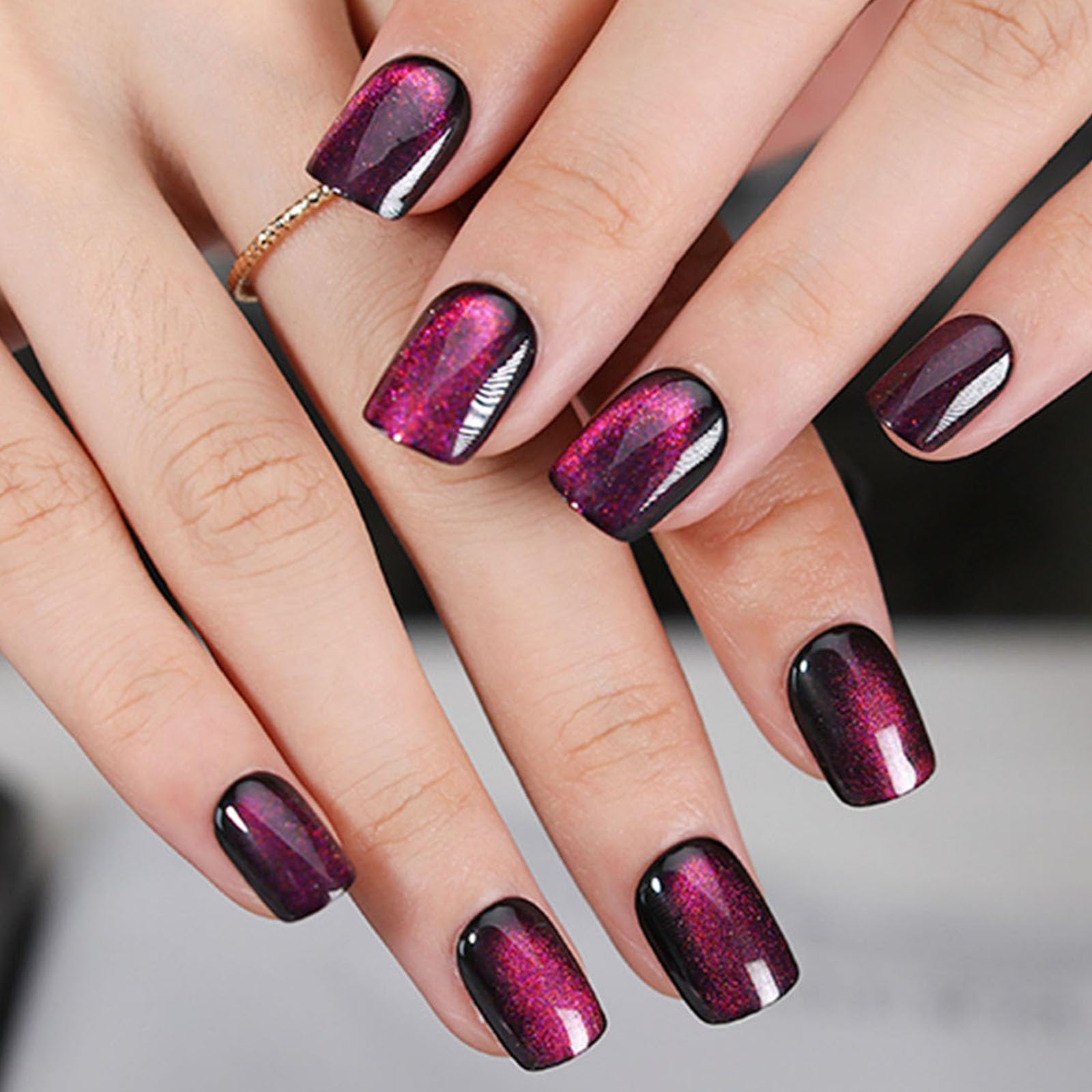 Press on Nails Short Square MAOTTIE Purple Discoloration Cat Eye False Nails UV Finish Fake Nails Gel Glitter Reusable Glue on Nails Short for Women 12 Size-24 Pcs