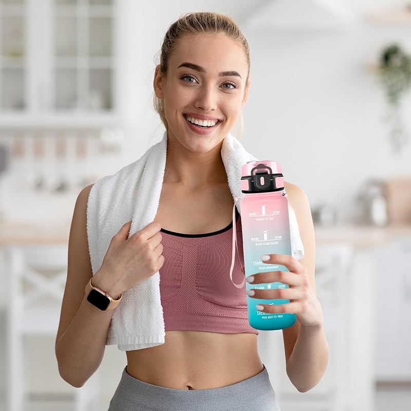 Borraccia Palestra 1 litro, Senza Perdite, Borraccia Motivazionale, Facile da Trasportare, con Orari per Bere, Facile da Pulire, per Campeggio, Fitness, Scuola, Yoga