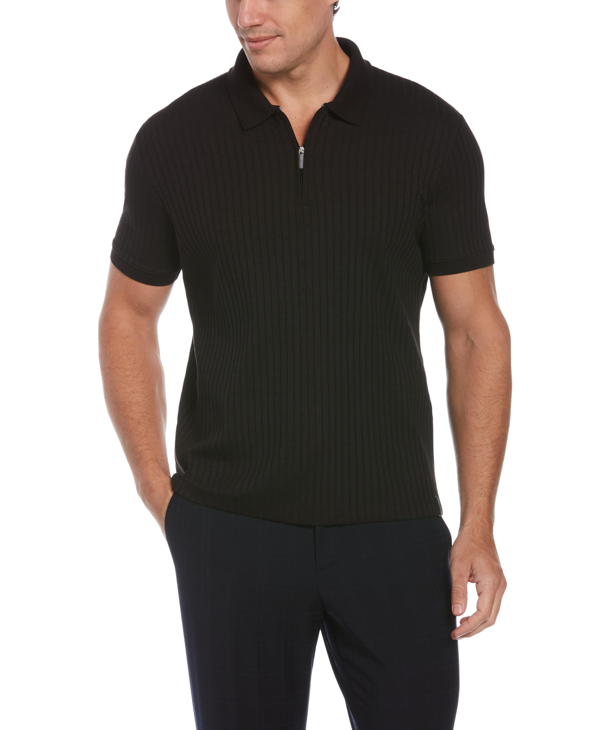 Perry Ellis Men’s Quarter Zip Short Sleeve Ribbed Knit Polo Shirt