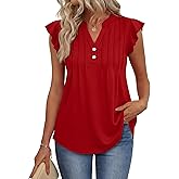 OFEEFAN Summer Tops for Women Button Down Blouses for Women Dressy Casual V Neck T Shirts Ruffle Sleeve