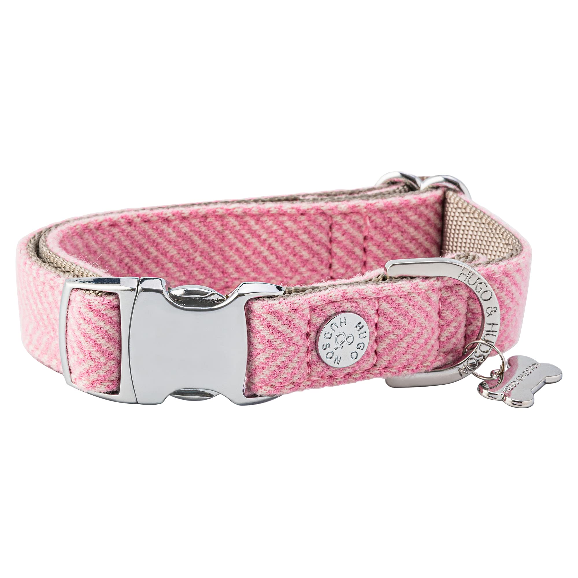 HUGO & HUDSON Tweed Dog Collar, Adjustable Quick Release Safety Metal Buckle, Pink Herringbone, XS — image 1