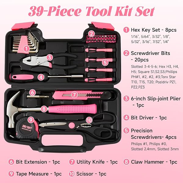 ARUCMIN 39-PIECE HOUSEHOLD TOOL SET WITH TOOLBOX STORAGE CASE FOR ESSENTIAL HOME REPAIRS, DIY, AND EVERYDAY USE IN HOME, GARAGE AND OFFICE