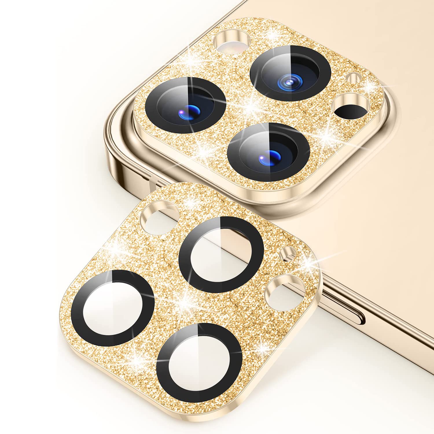 For iPhone 13 Pro/iPhone 13 Pro Max Camera Lens Protector, HD Camera Protector, Scratch-Resistant Ultra-Thin Tempered Glass+Crystal Glitter Diamonds HD Camera Lens Screen Cover Case-Gold