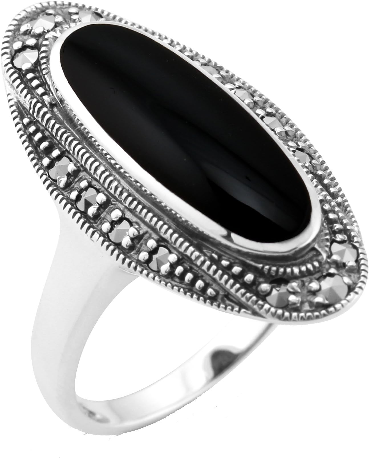 Gemondo Art Deco Ring, Sterling Silver 1.30ct Black Onyx & 0.23ct Marcasite Cocktail Ring