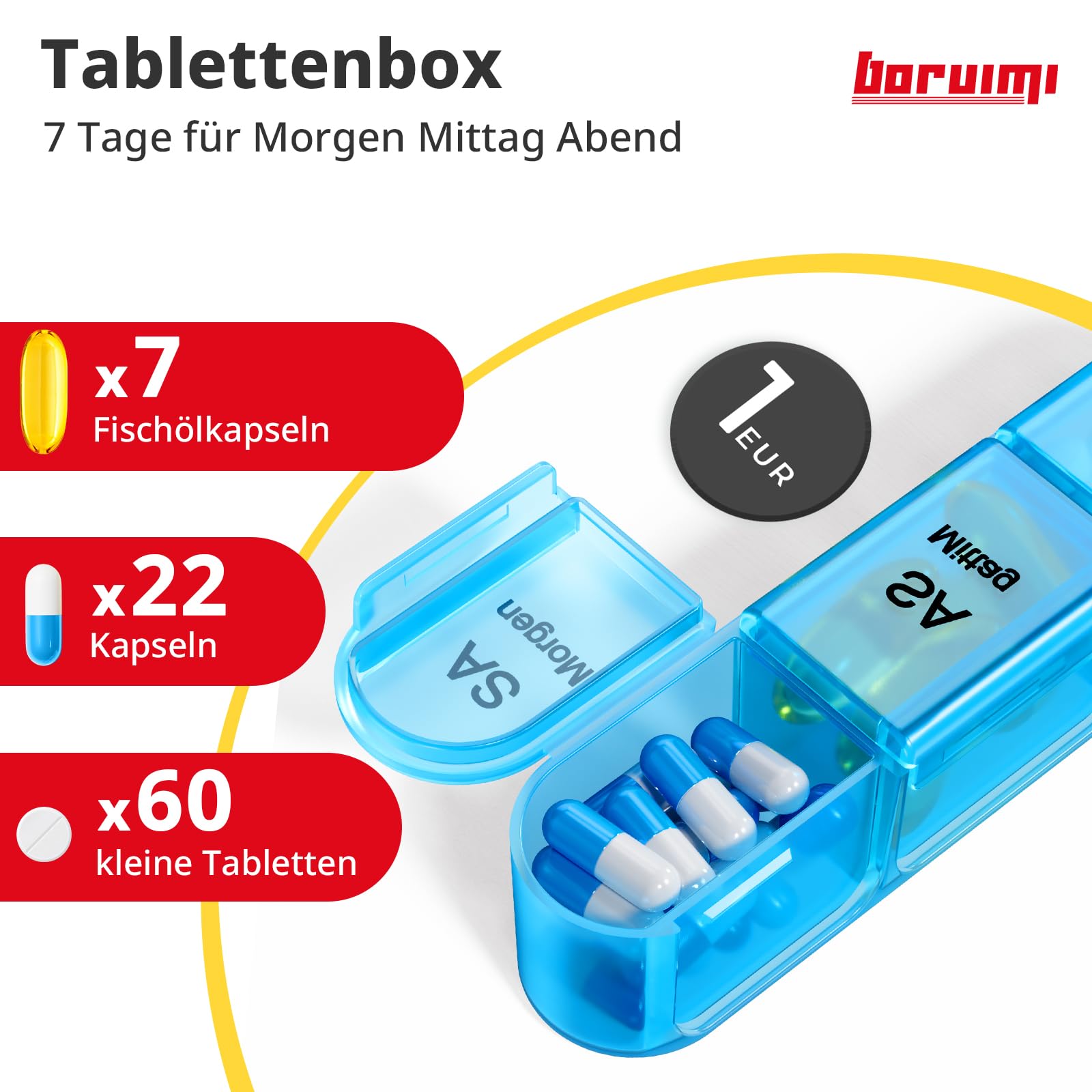 Doruimi Tablettenbox 7 Tage Morgens Mittags Abends, Medikamentenbox 7 Tage 3 fächer, Klein Pillendose Große Fächer - Schwarz 3