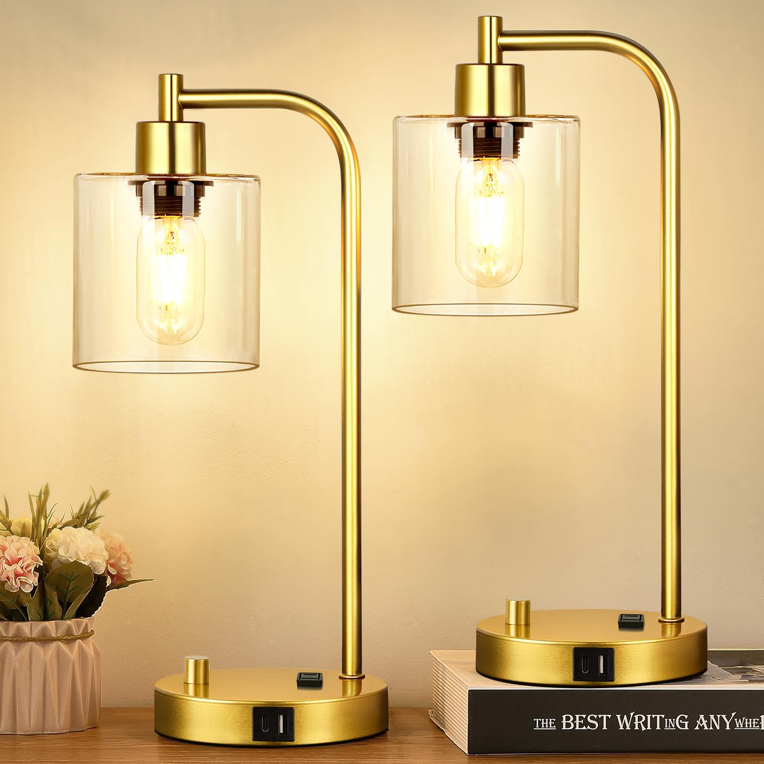 Photo 1 of Set of 2 Industrial Table Lamps with USB Port, Gold Fully Stepless Dimmable Bedside Lamps for bedrooms, Nightstand Desk Lamp with Clear Glass Shade for Reading Living Room Office 2 LED Bulb