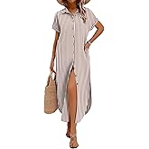 Zeagoo Womens Summer Casual Short Sleeve Button Down Long Shirt Dresses Loose Swimsuit Beach Cover Ups with Pockets