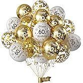 Yiran 60th Birthday Balloons, White Gold Number 60 Balloons, 15Pcs Happy Birthday Balloons Party Deocorations Supplies, 12inch Latex Confetti Balloons for Adult Men Women