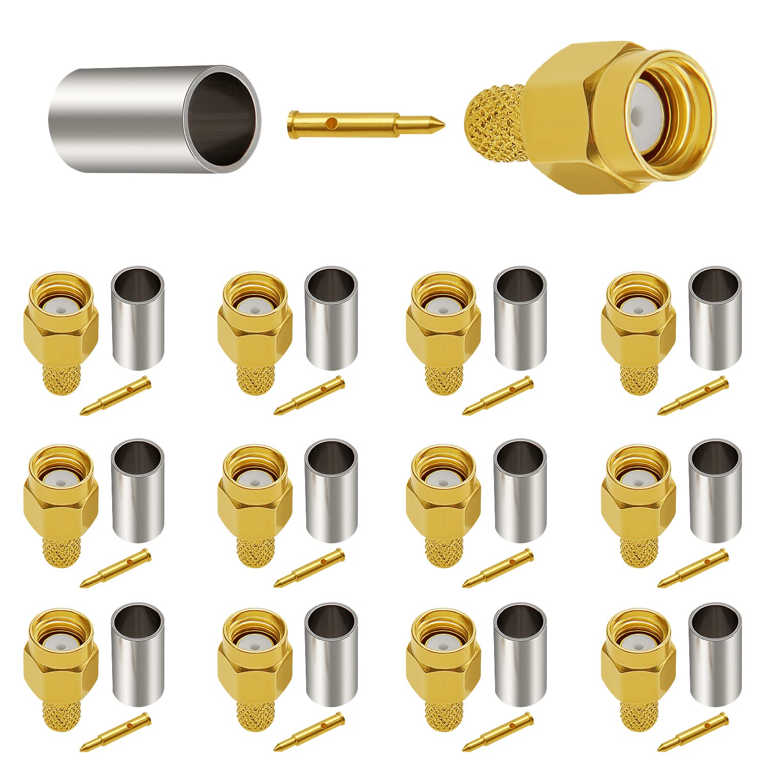 KUOQIY 12 PCS SMA Male Crimp Connector, SMA Plug Crimp Gold Plated RF Connector, for RG58 / RG400 / RG142 / LMR195 Cable