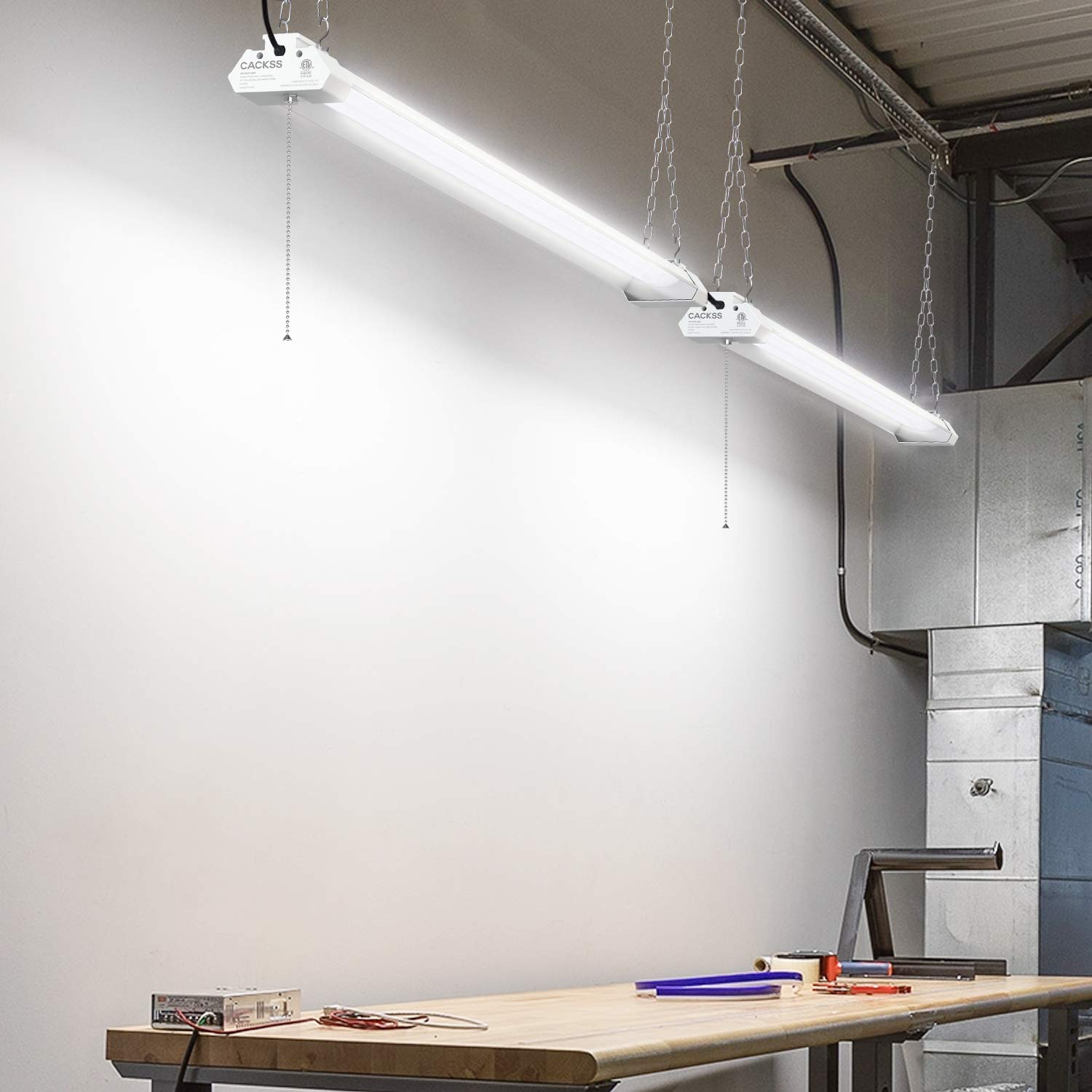 Linkable LED Shop Light for Garage, 40W 4800LM worklight Fixture with Pull Chain, 5000K Super Bright LED Utility Light, Ceiling 4FT Light, for Workshops Basement Storage Workbench, ETL Listed, Pack 4