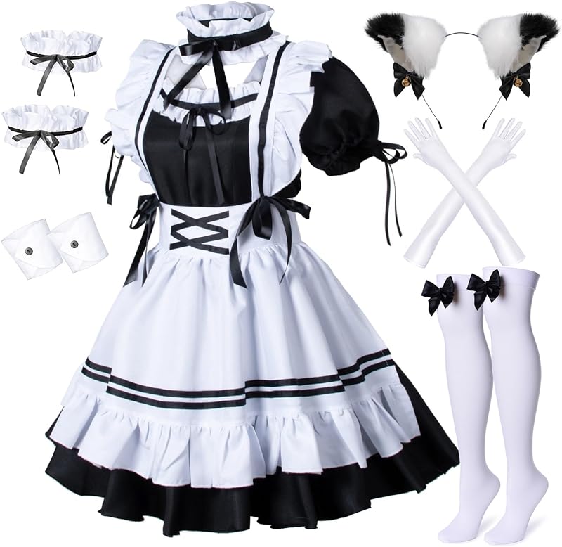 Wannsee Anime French Maid Apron Lolita Costume Cat Ears Gloves Socks Set M Black