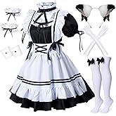 Wannsee Anime French Maid Apron Lolita Fancy Dress Cosplay Costume Furry Cat Ear Gloves Socks set(L)