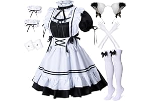 Wannsee Anime French Maid Apron Lolita Fancy Dress Cosplay Costume Furry Cat Ear Gloves Socks set(M)