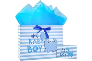 Loveinside Baby Boy Gift Bag Blue Dinosaur Design with Tissue Paper and Greeting Card for Baby Shower, New Parents, and More - 13" x 10" x 5", 1 Pcs