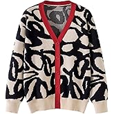 WDIRARA Women's Graphic Print Button Up Cardigan Sweater V Neck Long Sleeve Contrast Knit Outerwear