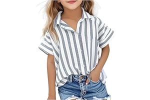 Girls Button Down Shirts Cotton Short Sleeve Kids Casual Striped Blouse for Kids Girls Summer Vacation Cute Beach T-Shirt
