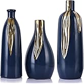 Blue and Gold Ceramic Vase Set of 3, Ceramic Vase Set for Decorative, Blue and Gold Single Stem Vases for Centerpieces Nights