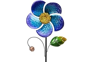 Viveta Wind Spinner with Metal Stake, 28.7 inches Outdoor Garden Pinwheels Spinners Blue Flower Shape Design for Yard Lawn Patio Decor