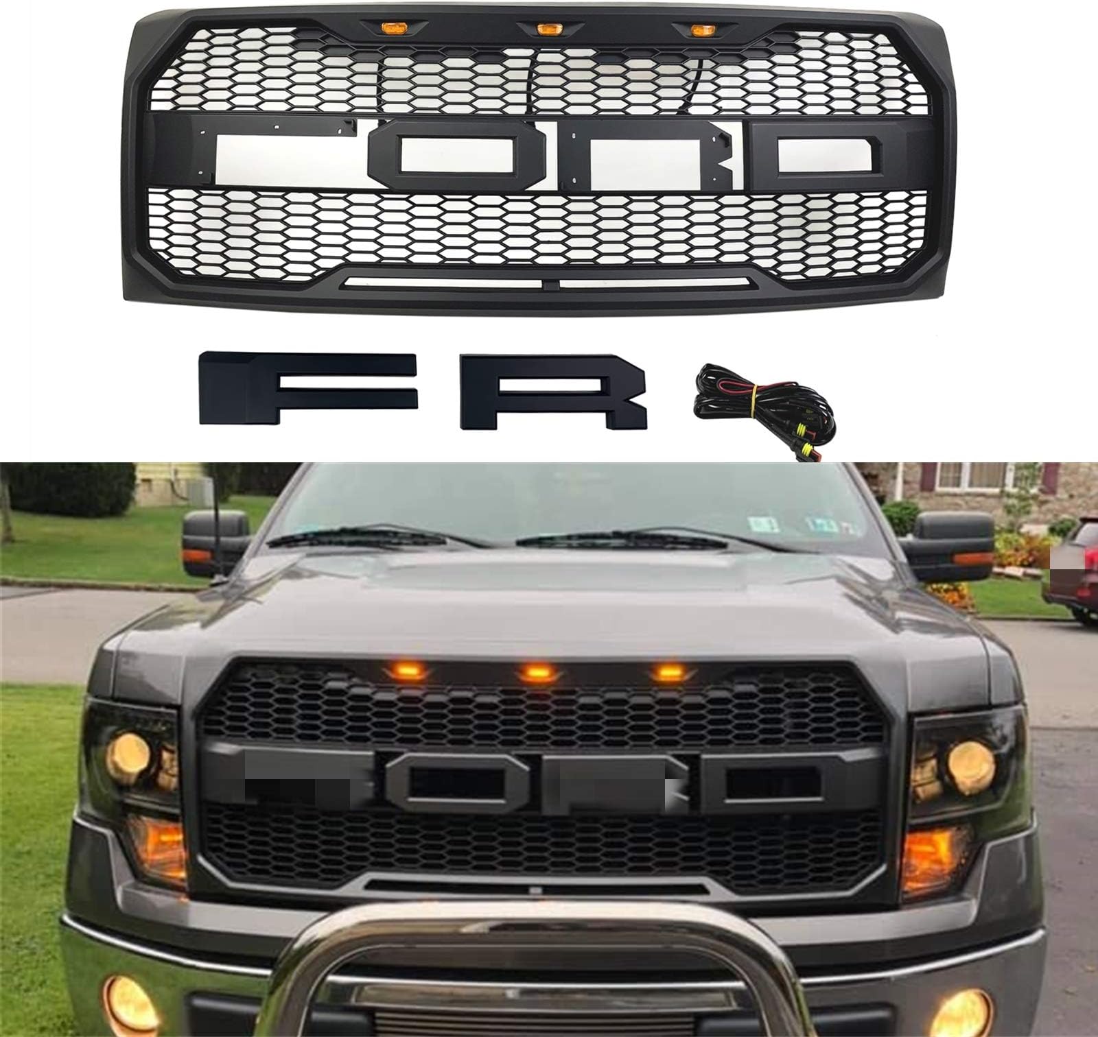 Raptor Style Grill For F150 2009 2010 2011 2012 2013 2014 ABS Honeycomb Grille with Amber Light and Letters Mattle Black