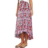 SimpleFun Women's Long Skirts Boho Floral Elastic High Waist Asymmetrical Hem Midi Skirt