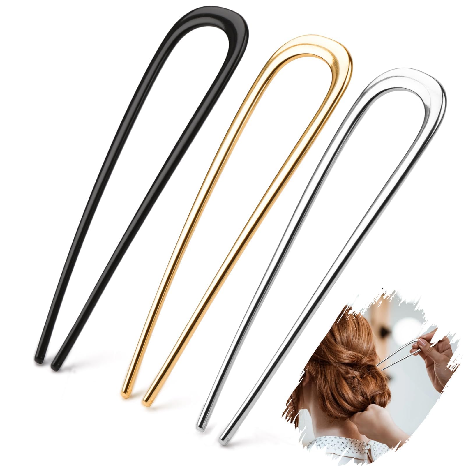 Mbsomnus 3Pcs French Hair Pin Metal 14cm/5.5in French Pin French Twist Hair Pin U Shaped Hair Fork Gold Silver Black Hair Pins Large Updo Hairpin for Women Girls All Hairstyle Decorative Accessories