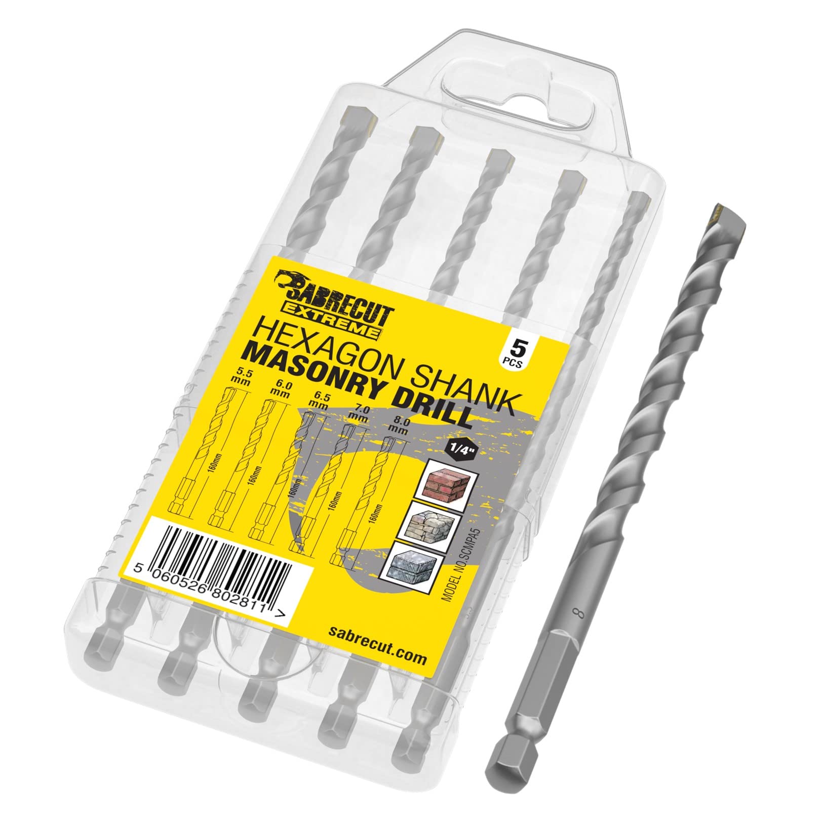 5 x SabreCut SCMPA5 160mm 5.5mm 6mm 6.5mm 7mm 8mm Impact Driver Masonry Hammer Drill Bit Set