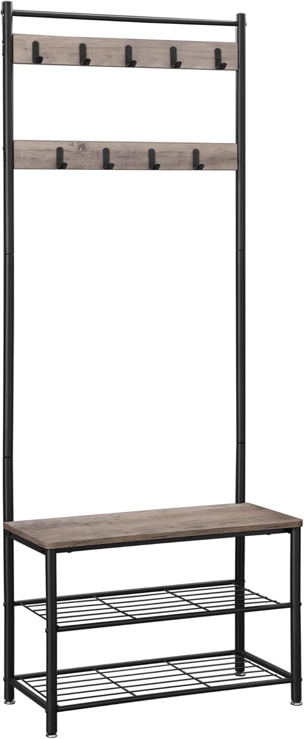 Vasagle Garderobenstander Kleiderstander Mit Schuhablagen Schuhregal Mit Sitzflache Fur Flur Mit Haken 3 Ablagen Aus Metall Hohe 175 Cm Industrie Design Greige Schwarz Hsr41mb Amazon De Kuche Haushalt